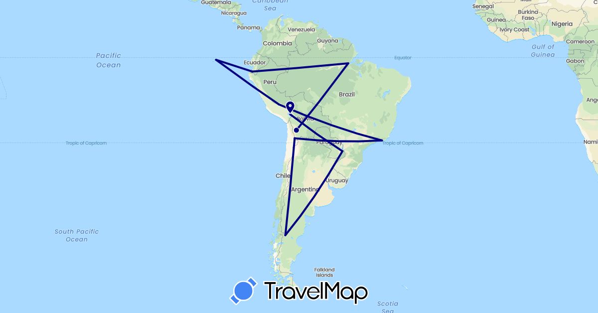 TravelMap itinerary: driving in Argentina, Bolivia, Brazil, Chile, Ecuador, Peru (South America)